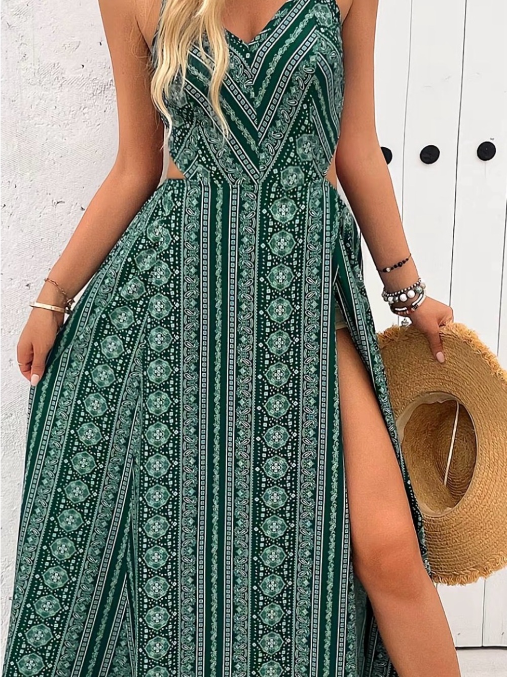 Emerald Green Patterned Maxi Dress with Side Slit